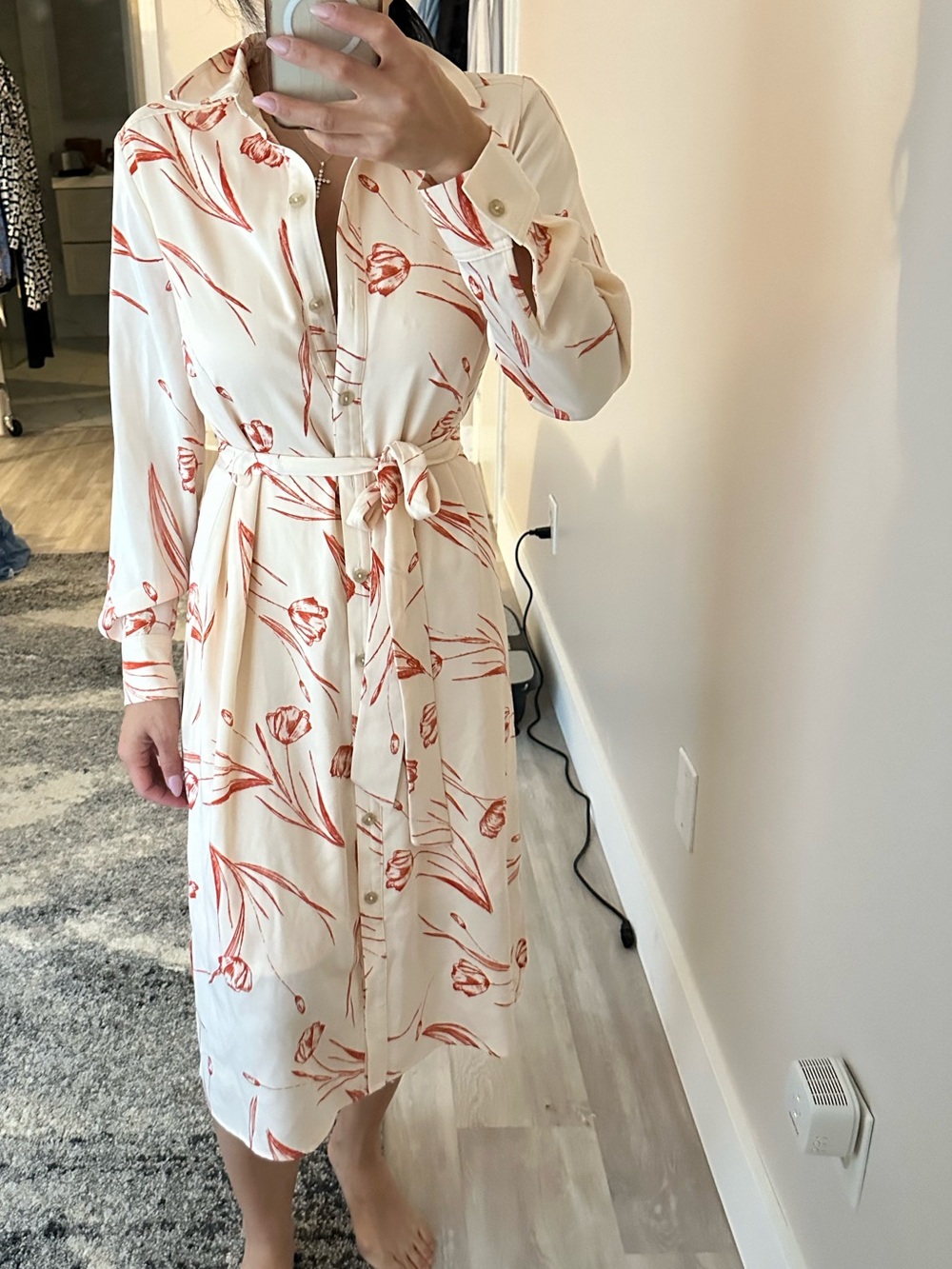 Calvin Klein Cream Midi Shirt Dress with Rust Floral Print